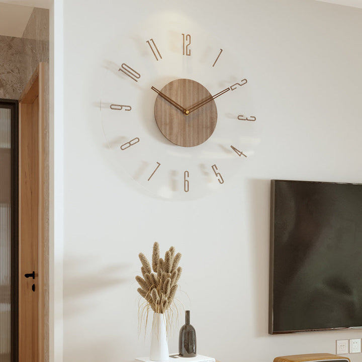 Natürliche Holz-Wanduhr im skandinavischen Stil, die eine gemütliche und warme Atmosphäre in jedem Raum schafft.