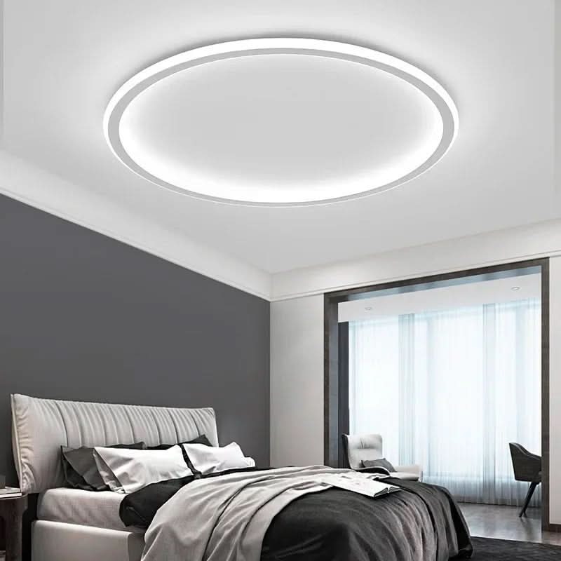 Moderne runde LED-Flurlampe im skandinavischen Stil, dimmbar. Minimalistische Deckenleuchte aus Metall für helles Licht.