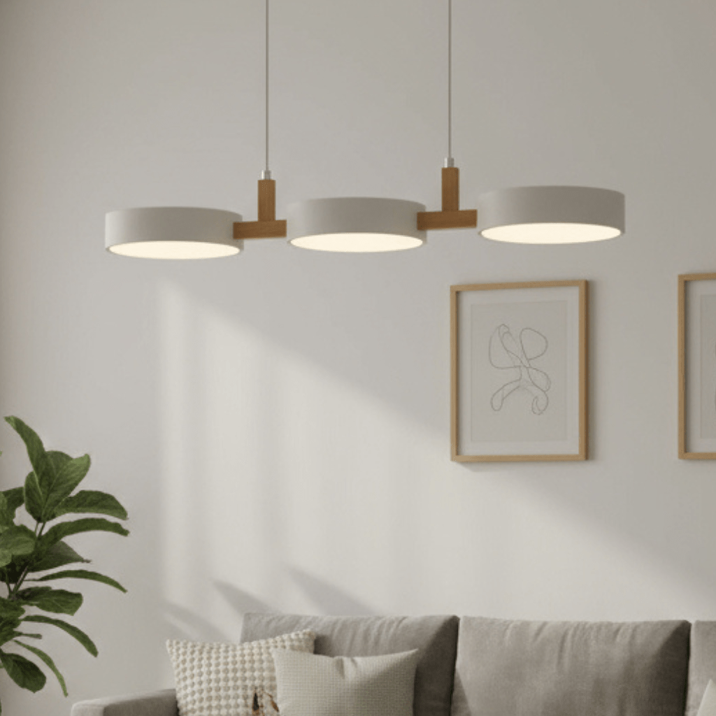 Vertikale Ansicht der skandinavischen LED-Hängeleuchte, Holz & Metall, minimalistische Deckenlampe.