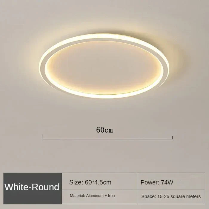 Installierte runde LED Deckenlampe, skandinavisch, integriert sich perfekt in modernes Interieur.