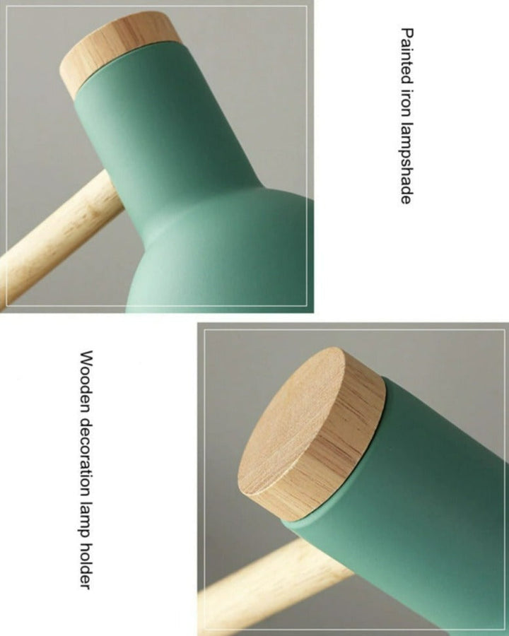 Elegante Holzlampe, skandinavisch, als moderne Schreibtisch- oder Wohnzimmerbeleuchtung, höhenverstellbar.