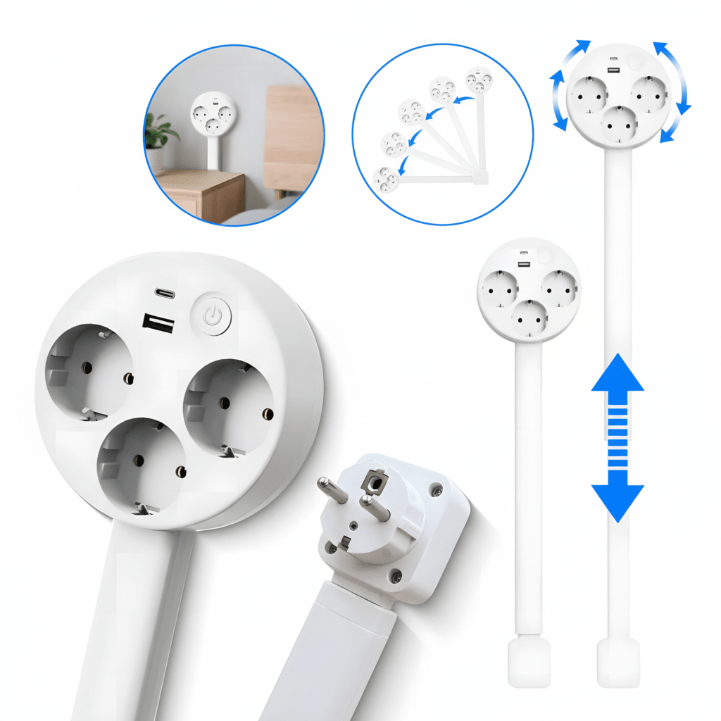 Intelligente POWERREACH Ladestation mit ausziehbarer USB-Steckdose & 180° Drehung für Smart Home & Büro.