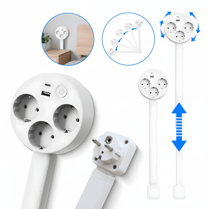 Intelligente POWERREACH Ladestation mit ausziehbarer USB-Steckdose & 180° Drehung für Smart Home & Büro.