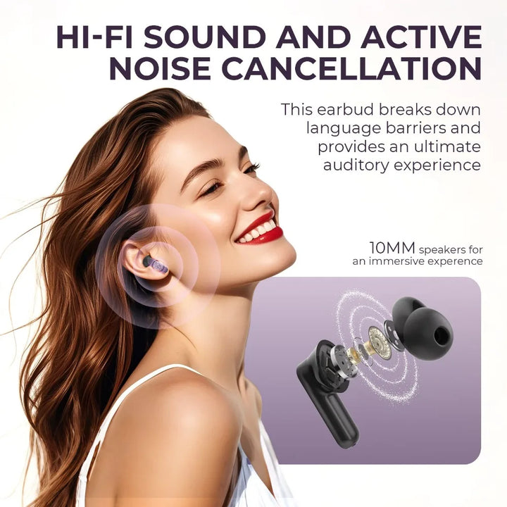 Wireless Earbuds mit integriertem Touchscreen zur Echtzeit-Übersetzung. Ideal für Reisen & Sprachbarrieren.