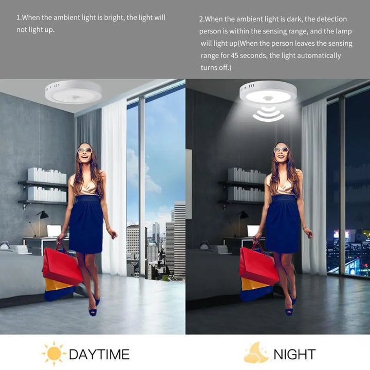 Energieeffiziente, intelligente LED-Deckenleuchte mit Bewegungsmelder für moderne Wohnräume.