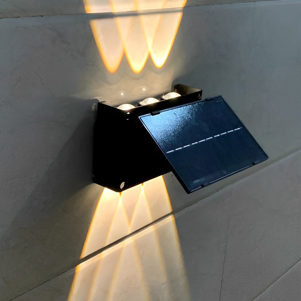 Smarte LED-Solar-Wandleuchte IP65 mit Bewegungsmelder für effiziente Außenbeleuchtung im Garten.