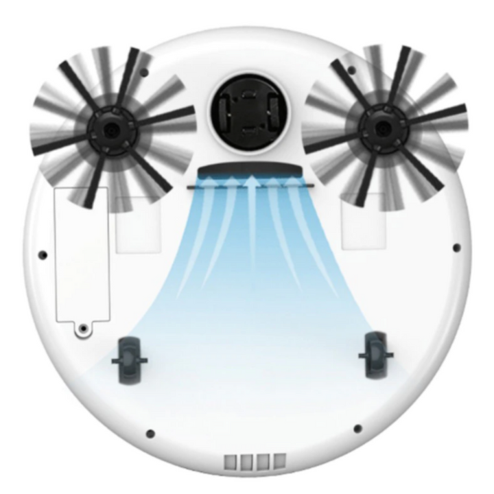 Moderner Roboterstaubsauger mit Bürsten für gründliche Bodenreinigung. Eleganter Smarthome-Helfer im Haushalt.