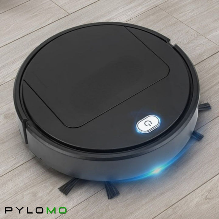 Smarter Staubsaugerroboter mit Wischfunktion, schwarz, reinigt Hartböden und Teppiche effizient.