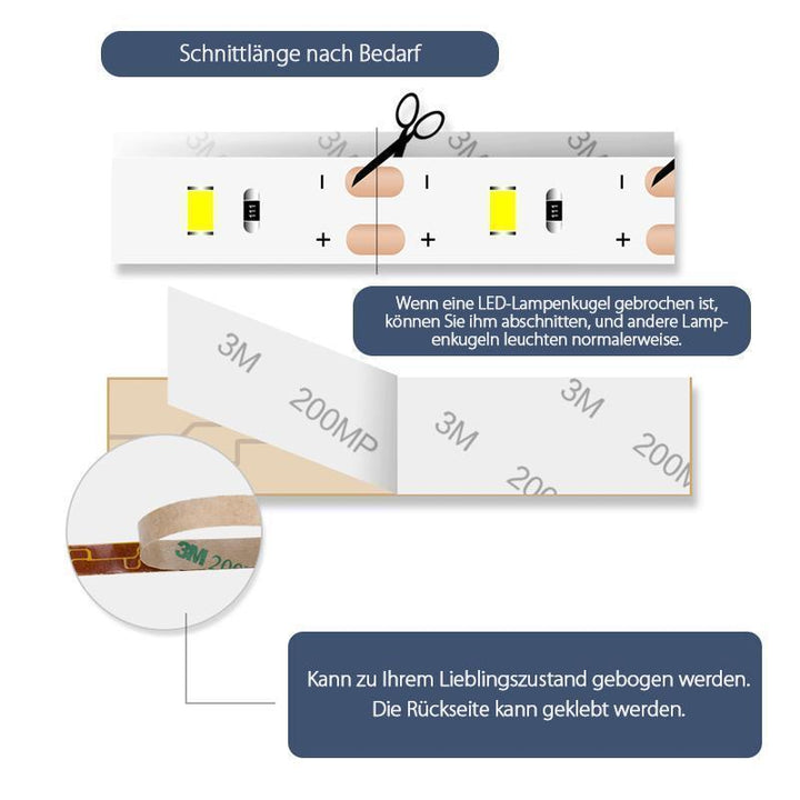 LED Lichtgürtel mit Bewegungssensor als stimmungsvolles Nachtlicht, wasserdicht für Bad oder Flur.