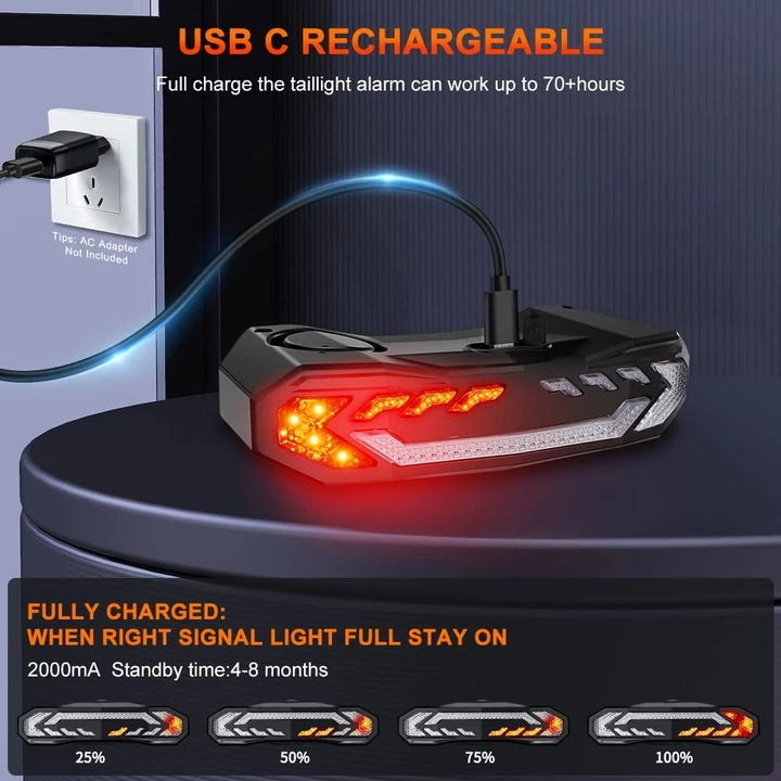 Das BikeGuard™ Fahrradrücklicht: robustes, wasserdichtes Design mit USB-Ladefunktion und Alarm für Ihr Fahrrad.