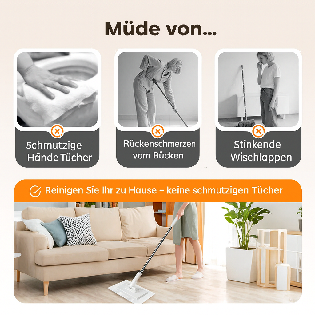 SmartMop Flachwischer mit 360° drehbarem Kopf und ausziehbarem Teleskopstiel für ergonomische Haushaltsreinigung.