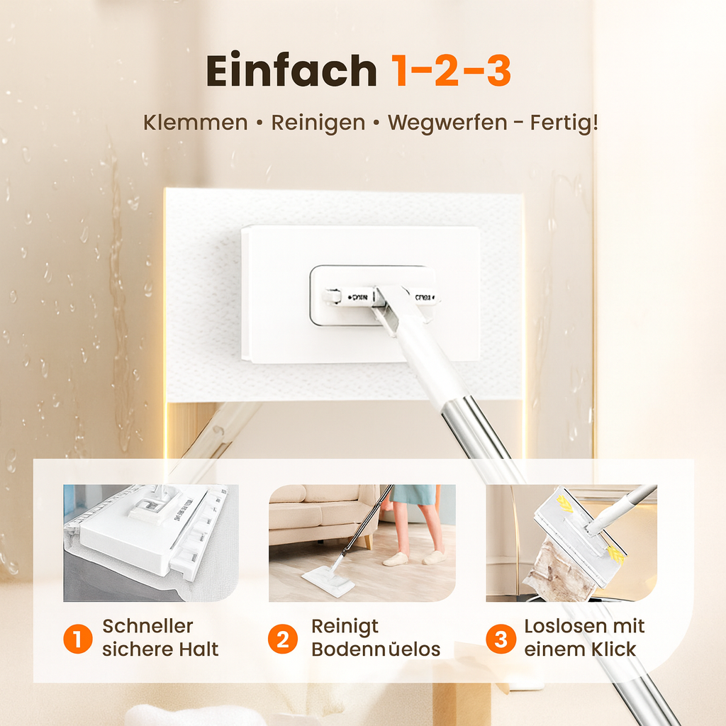 Wiederverwendbarer SmartMop Mopp für hygienische, kontaktlose Bodenreinigung. Effizient und umweltfreundlich.