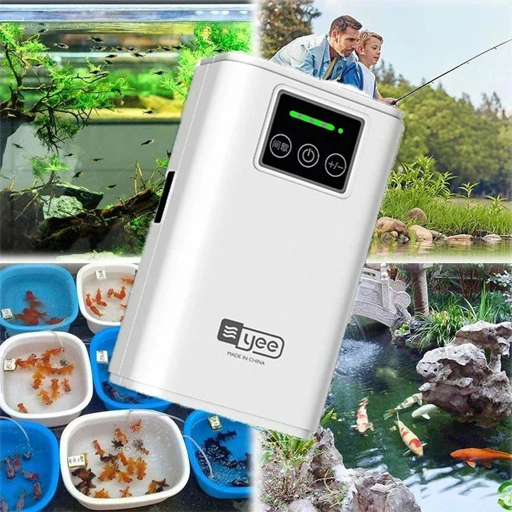 SmartOxy Akku-Sauerstoffpumpe für Aquarien, leise, mobil, ideal für Fischtransport & Notfälle.