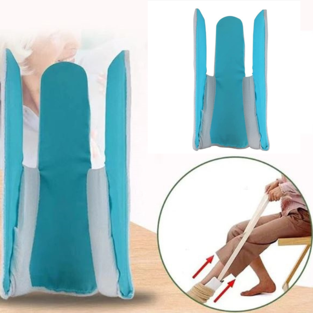 Ergonomische Sockenanziehhilfe für müheloses Anziehen von Socken, eine wertvolle Alltagshilfe.