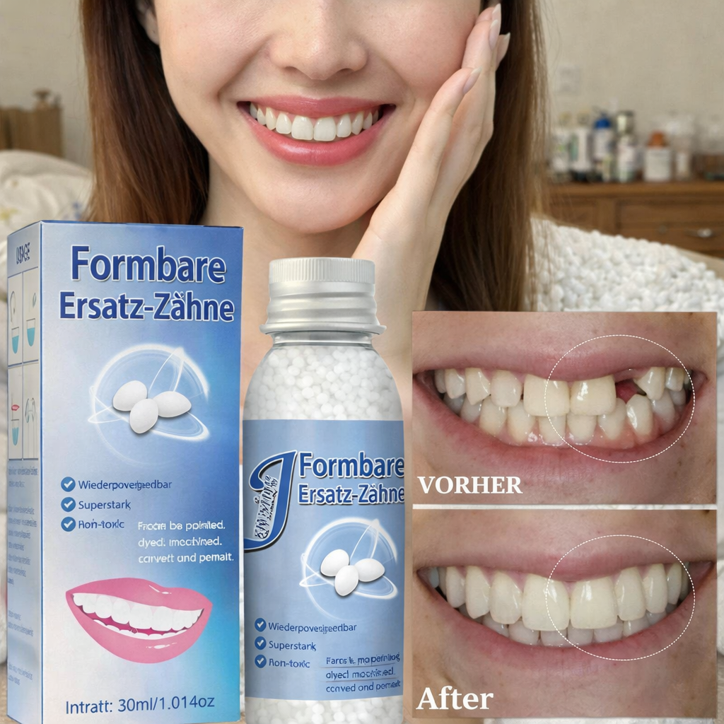 Produkt für die schnelle Zahnreparatur zu Hause. Verbessert die Kosmetik des Lächelns provisorisch.