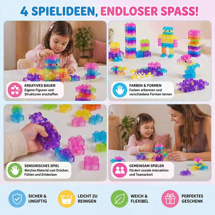 Sensorische Soft-Bausteine zum Fühlen, Drücken & Stapeln. Weiches Material, sicheres Baby- & Kleinkindspielzeug.