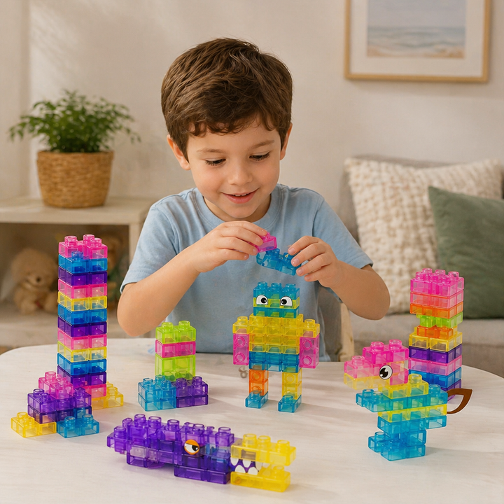 Kinder spielen mit sensorischen Soft-Bausteinen, bauen Türme & lernen Formen. Sicheres & pädagogisches Lernspielzeug.