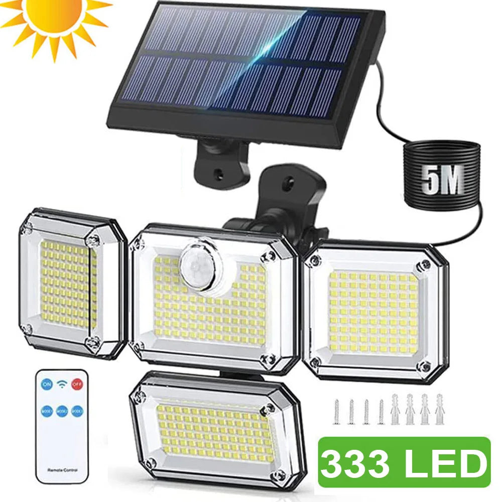 IP65 Sicherheitslicht, solarbetrieben, mit Bewegungsmelder und 333 LEDs. Ideal für Hof- & Außenbereich.