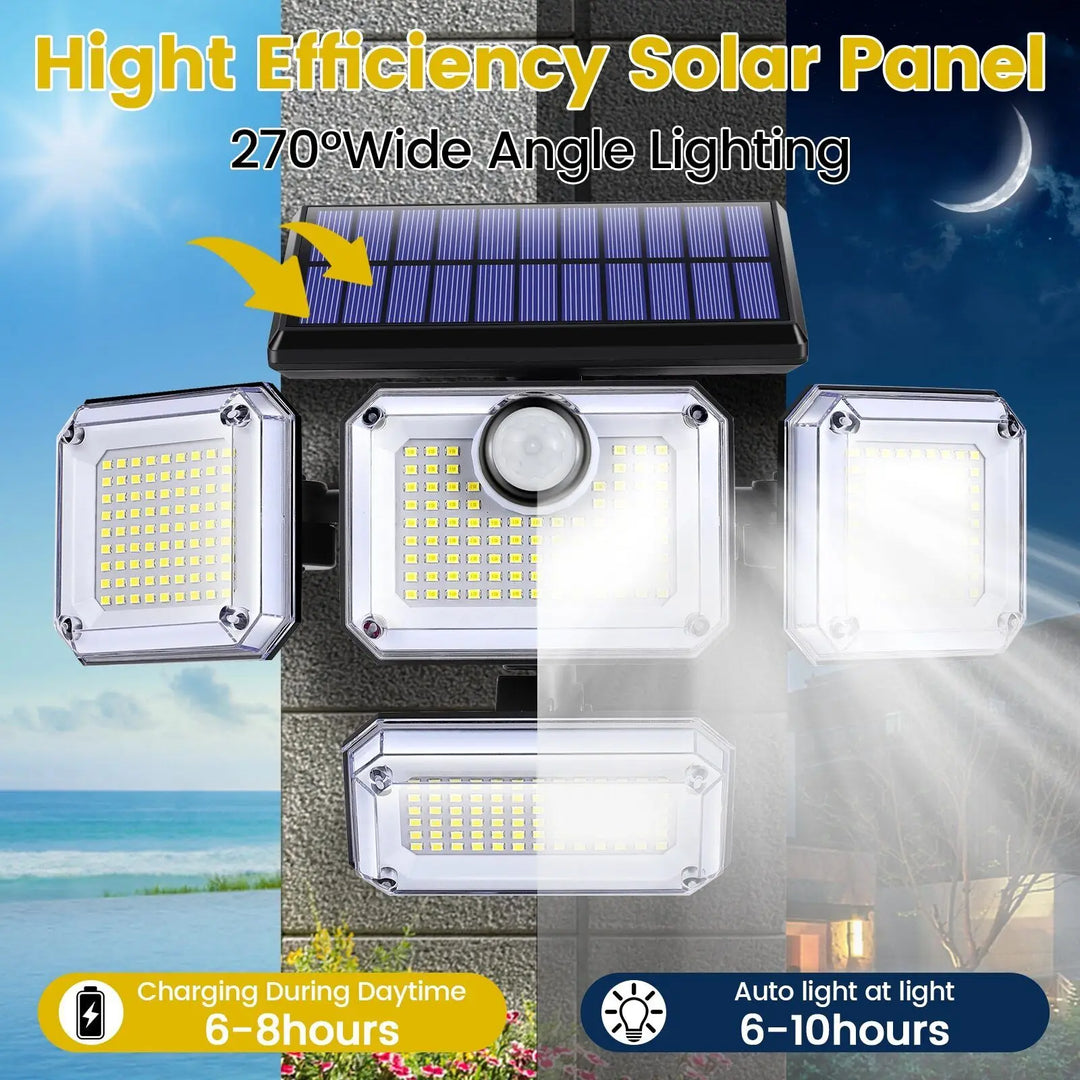 Moderne Solar-Gartenbeleuchtung mit Bewegungssensor, 2000 LM, IP65 Schutz. Ideal als Wandleuchte.