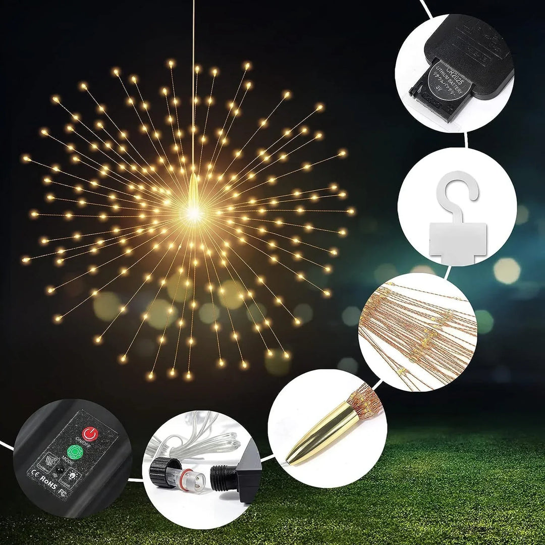 Dekorative LED Feuerwerk Lichterkette solarbetrieben, ideal für stimmungsvolle Beleuchtung im Garten und auf der Terrasse.