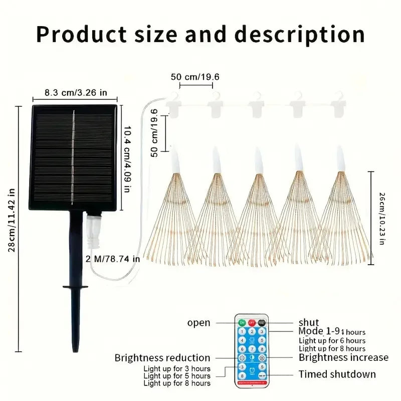 5x90 LEDs Solar Feuerwerk Lichterkette für magische Beleuchtung im Garten, auf der Terrasse oder als Weihnachtsdeko.