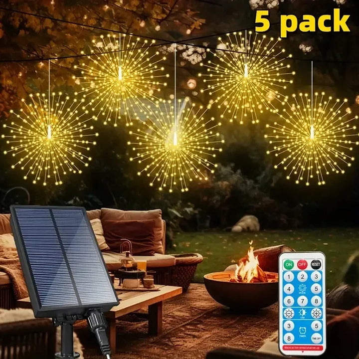 Solar Feuerwerk LED Lichterkette, 5x90 LEDs, wasserdicht, mit Fernbedienung, für Garten- und Terrassenbeleuchtung.