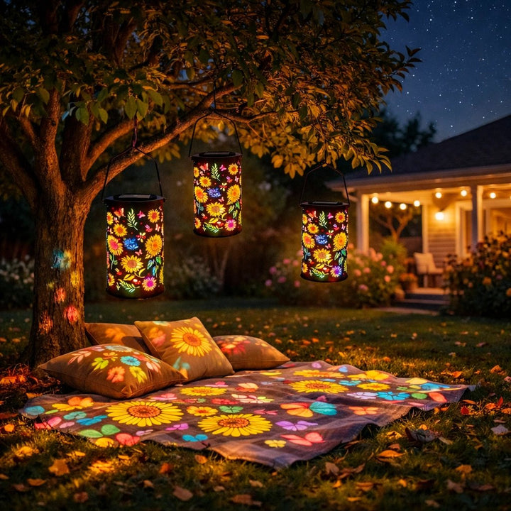 Warmweiße LED Solar-Gartenlaterne mit Blütenprojektion für stimmungsvolle Gartenbeleuchtung am Abend.