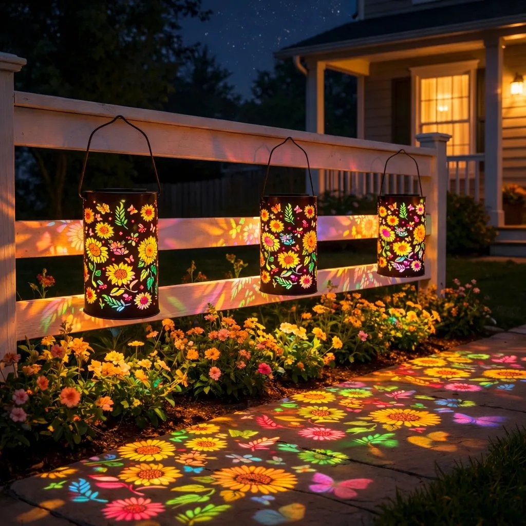 Magische Solar-Gartenlaterne projiziert filigrane Blütenmuster, schafft einzigartiges Lichtspiel im Dunkeln.