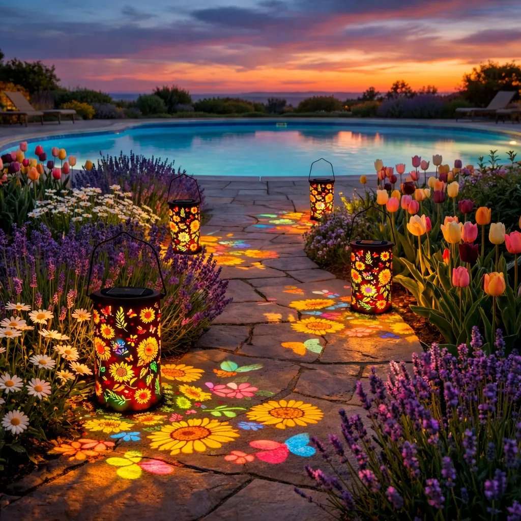 Umweltfreundliche Solar-Gartenlaterne mit elegantem Design und wunderschöner Blütenprojektion für außen.