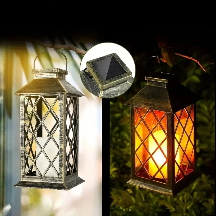 Nahaufnahme der magischen Solar-Gartenlaterne, beleuchtet mit warmem Flammeneffekt für gemütliche Abende.