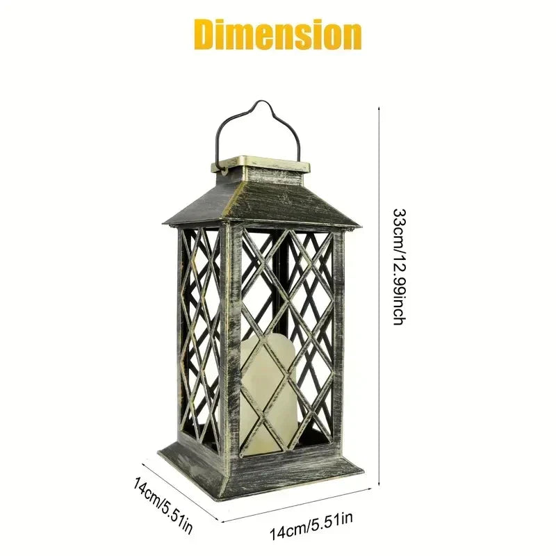 Solarbetriebene Outdoor-Laterne, ideal für Garten, Terrasse und Balkon, mit energieeffizientem LED-Flammeneffekt.