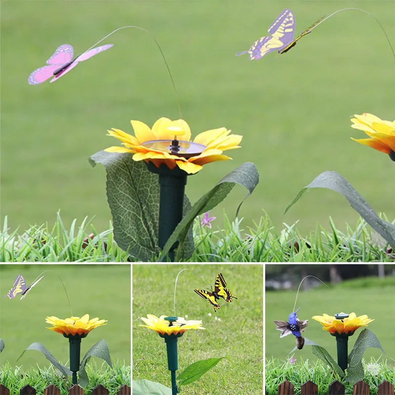 Solar Gartenstecker: Lebendige Sonnenblume mit leuchtendem Schmetterling für charmante Gartendeko im Außenbereich.