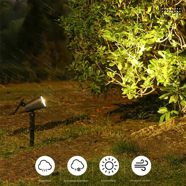 Umweltfreundlicher Solar-Gartenstrahler, autarke LED-Außenbeleuchtung spart Energie im Garten.