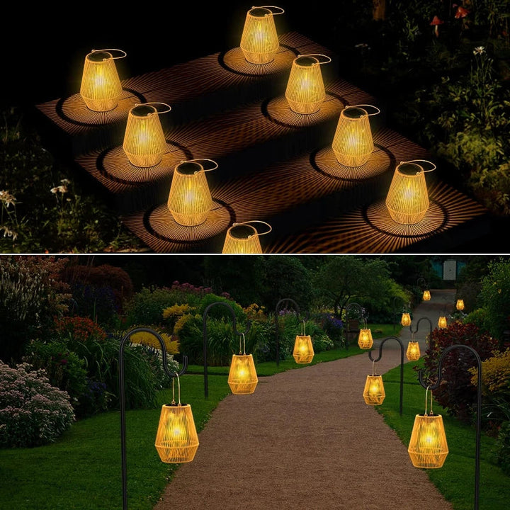 Rustikale Solar-Gartenlampe, handgewebt, spendet warmes Licht und ist wasserdicht für den Außenbereich.