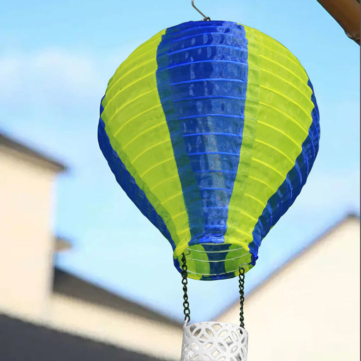 Farbenfrohe Solar-Gartenleuchte im Heißluftballon-Design, wetterfeste LED-Pendelleuchte Stoffschirm.