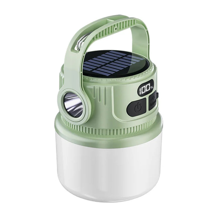 Detailansicht der Solar LED Zeltlampe mit integriertem Haken, ideal für Outdoor-Aktivitäten.