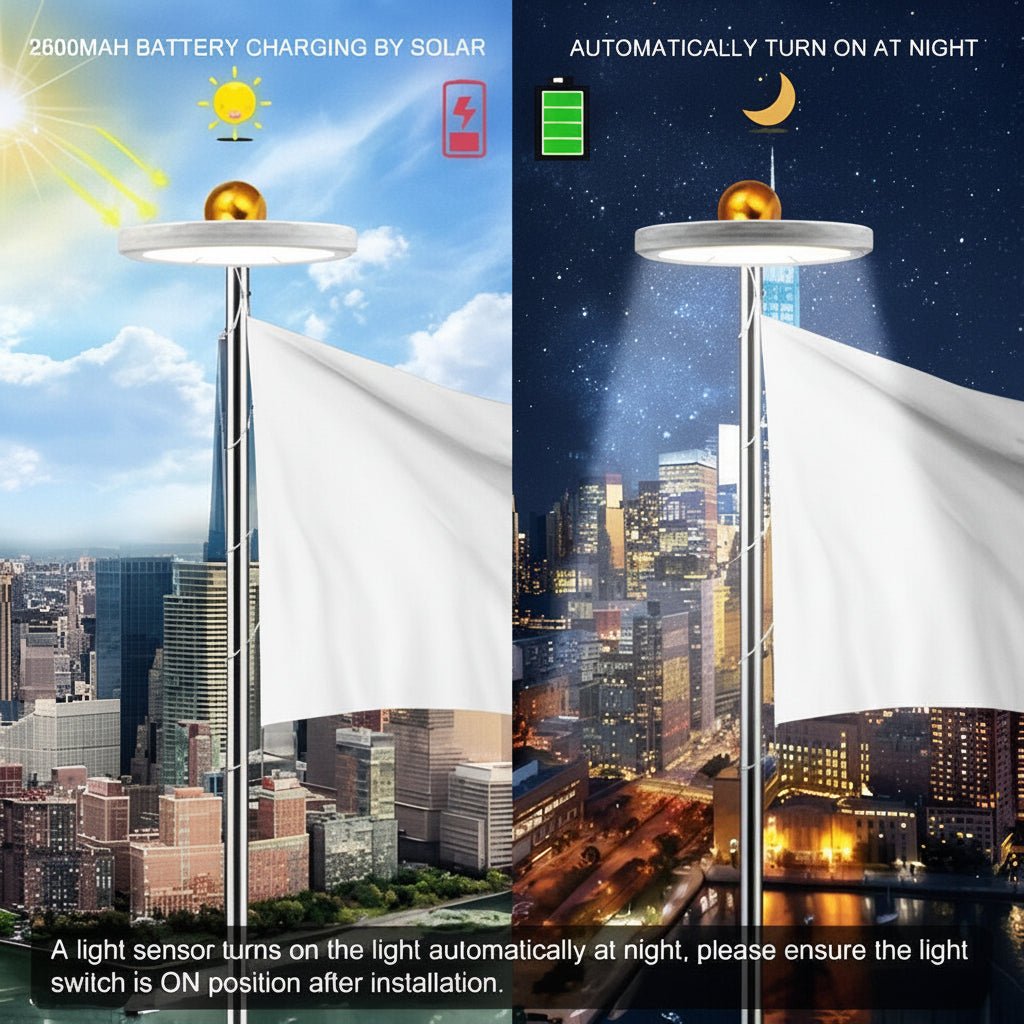 Automatisches Solar LED Flaggenlicht für den Fahnenmast, wetterfeste Außenbeleuchtung, langlebig & energieeffizient.