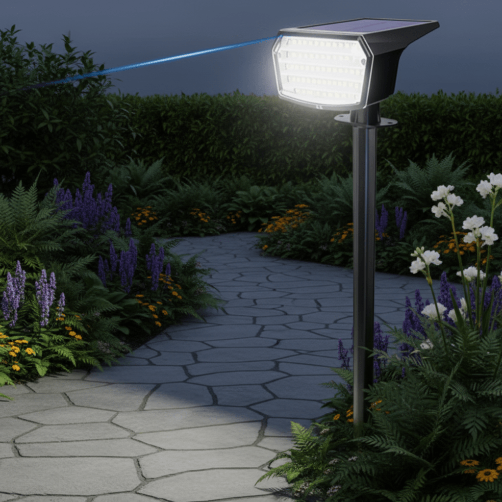 Solar-LED-Flutlicht für Garten & Wege. Wasserdichte Außenbeleuchtung mit Akku & Dämmerungssensor.