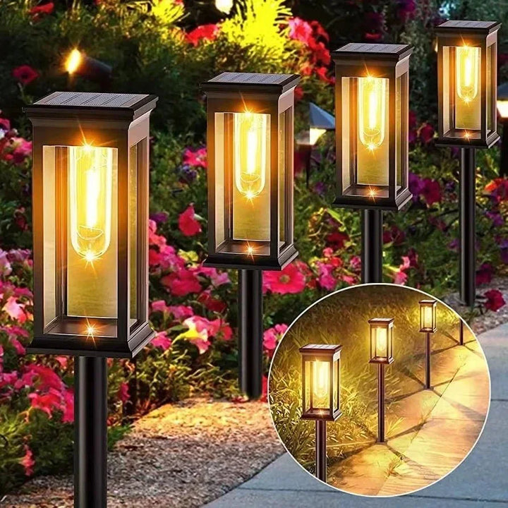 Robuste Solar-LED-Außenleuchte IP65 für Garten & Terrasse, automatische Einschaltung bei Dämmerung.