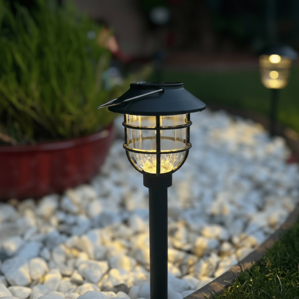 Moderne Solar-LED-Außenleuchte für Gartenwege, diskretes Design, einfache Installation ohne Kabel.