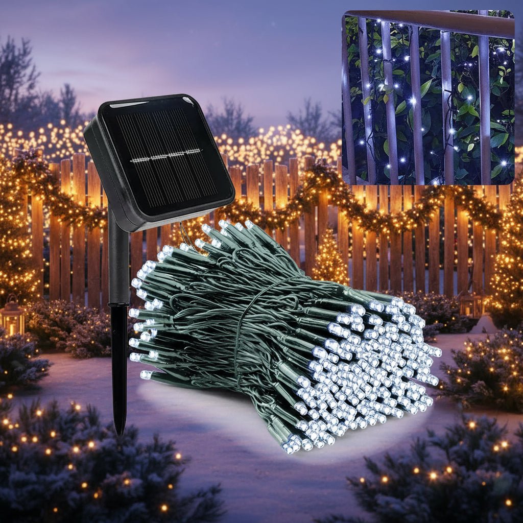 Solar-LED-Lichterkette für Garten & Balkon, 8 Modi, wetterfest. Ideal für stimmungsvolle Außenbeleuchtung.