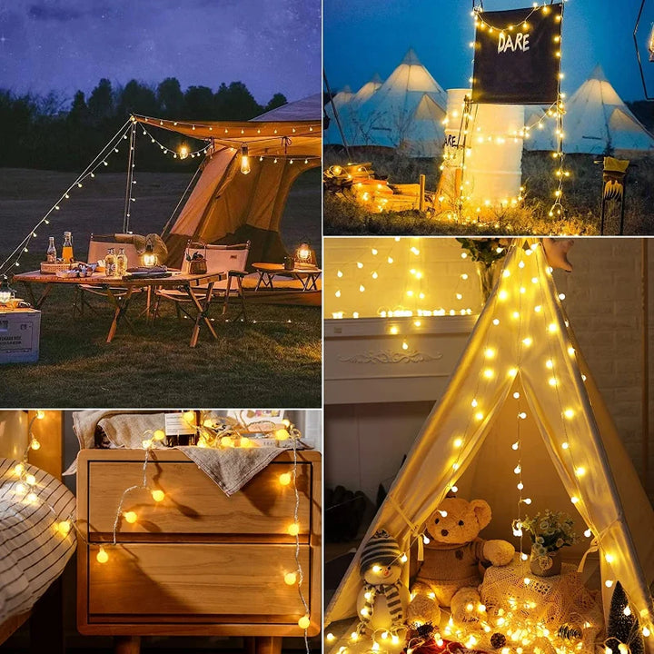 Magische Solar-Lichterkette beleuchtet dunklen Garten. Stimmungslicht für gemütliche Abende im Außenbereich.