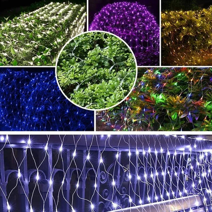 Wetterfeste Solarlichterkette als Netz für stimmungsvolle Gartenbeleuchtung. Einfache Installation.