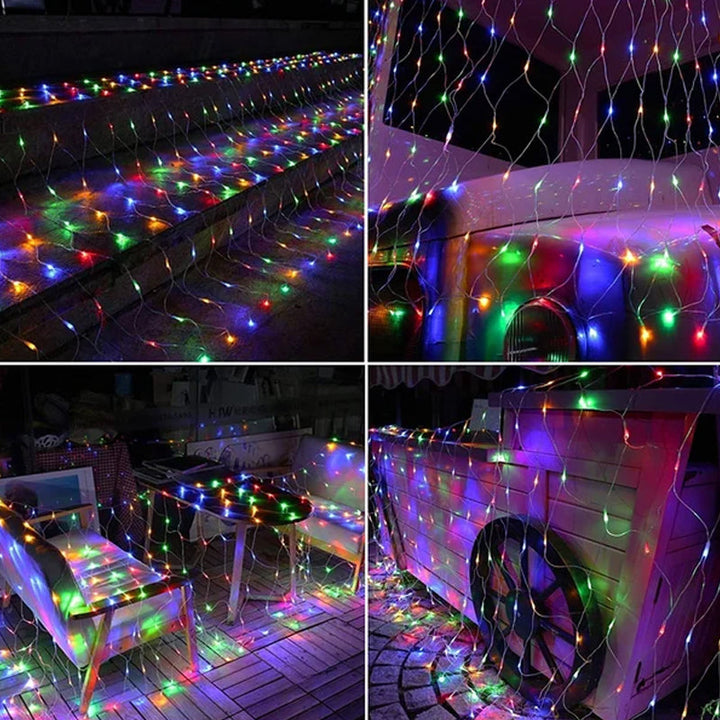 Leuchtendes Solar LED Lichtnetz bei Nacht. Schafft magische Atmosphäre als Außenbeleuchtung & Outdoor Deko.