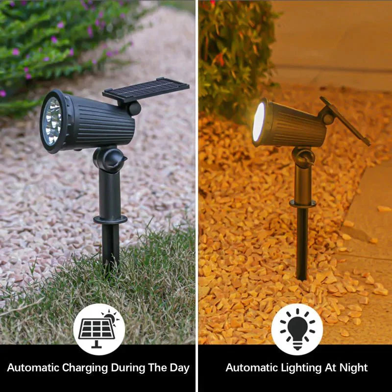 Mehrere Solar LED Strahler beleuchten einen Gartenweg. Umweltfreundliche Außenbeleuchtung.