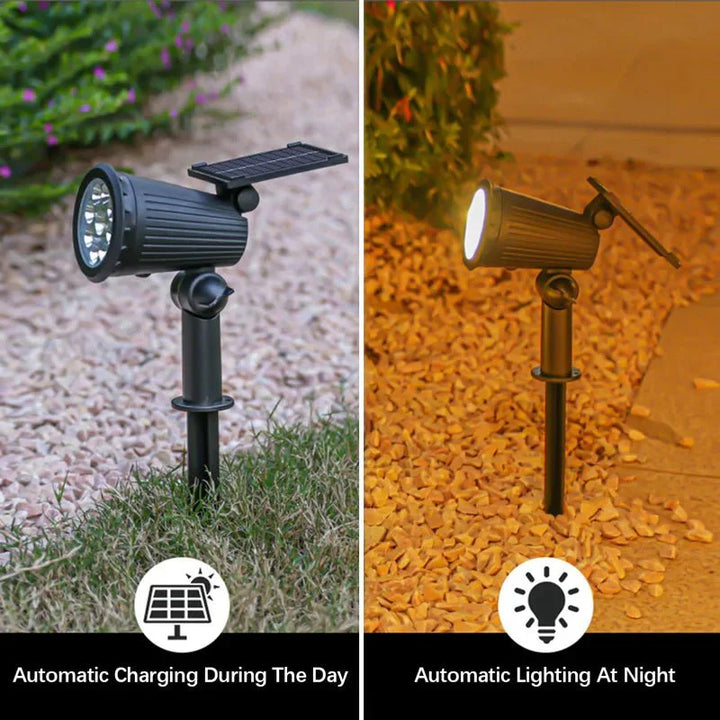 Mehrere Solar LED Strahler beleuchten einen Gartenweg. Umweltfreundliche Außenbeleuchtung.