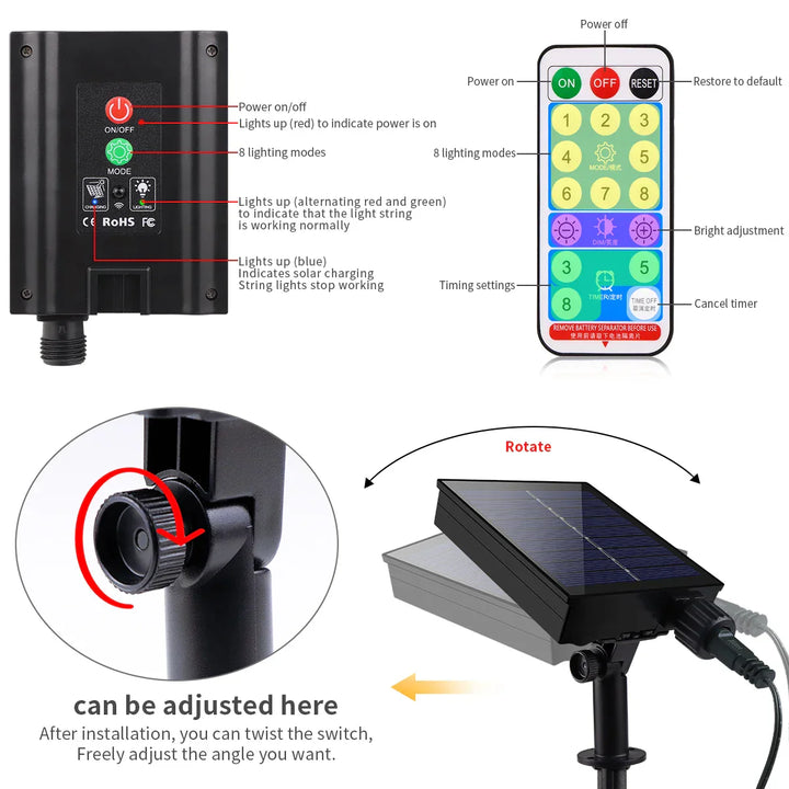 Einfach steuerbare Solarlichterkette für Außen mit Fernbedienung, 8 Modi und IP65-Wetterschutz.
