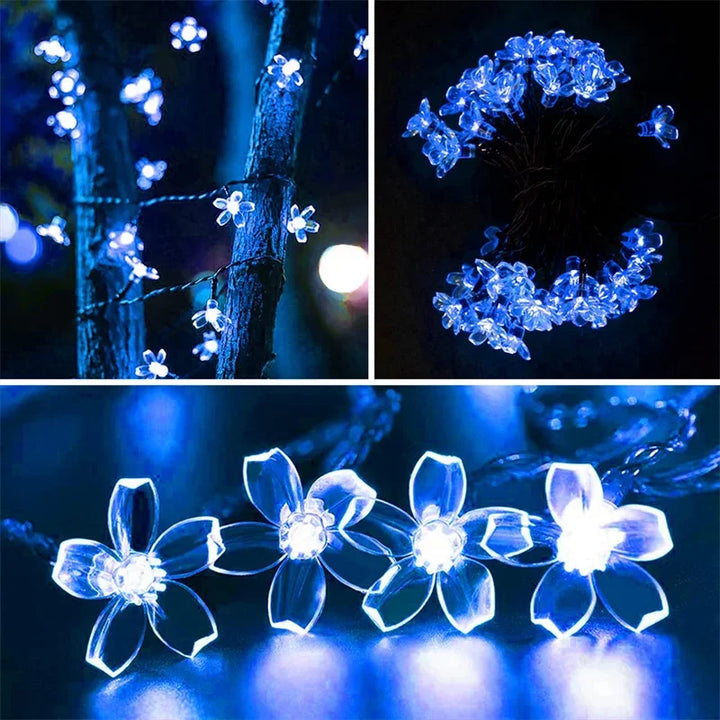 Leuchtende Solar Lichterkette bei Nacht. Schafft eine stimmungsvolle, gemütliche Atmosphäre im Garten oder auf dem Balkon.