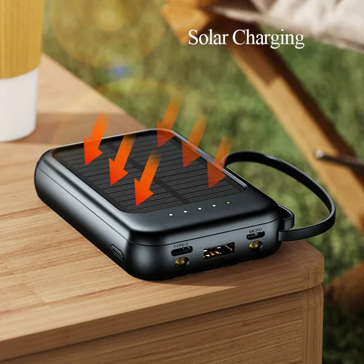 Detaillierte Ansicht der Solar-Powerbank mit integrierten Ladekabeln (USB-C, Lightning, Micro-USB).
