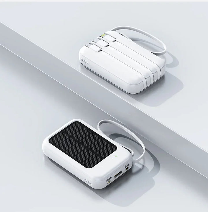 Kompakte Solar-Powerbank 20.000 mAh mit integrierten Kabeln. Der universelle Handy-Lader für jedes Gerät.